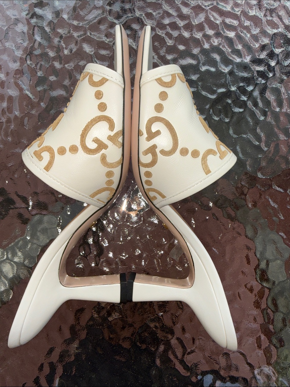Gucci Cream Leather Slide Mules with Gold Logo Pattern - Picture 5 of 16